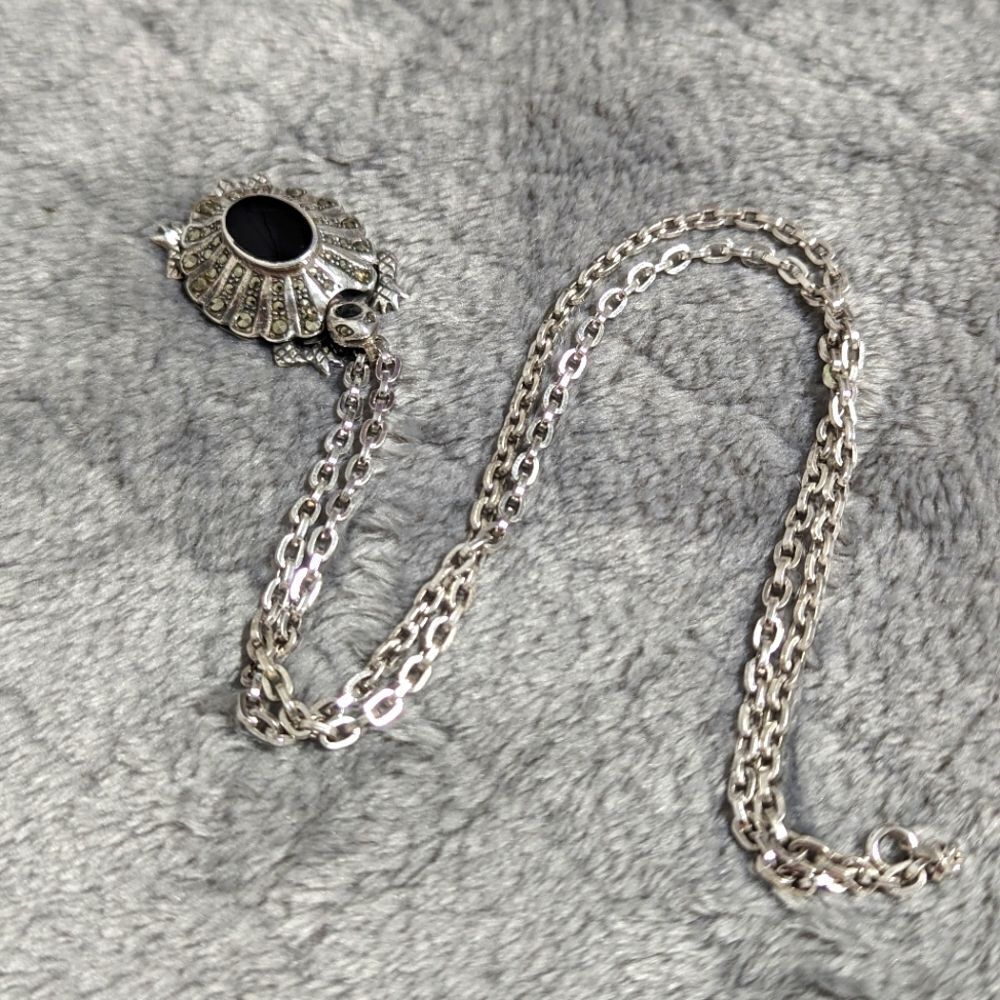 Vintage Sterling Silver, Onyx and Marcasite Turtle Pendant/Necklace - Picture 4 of 16